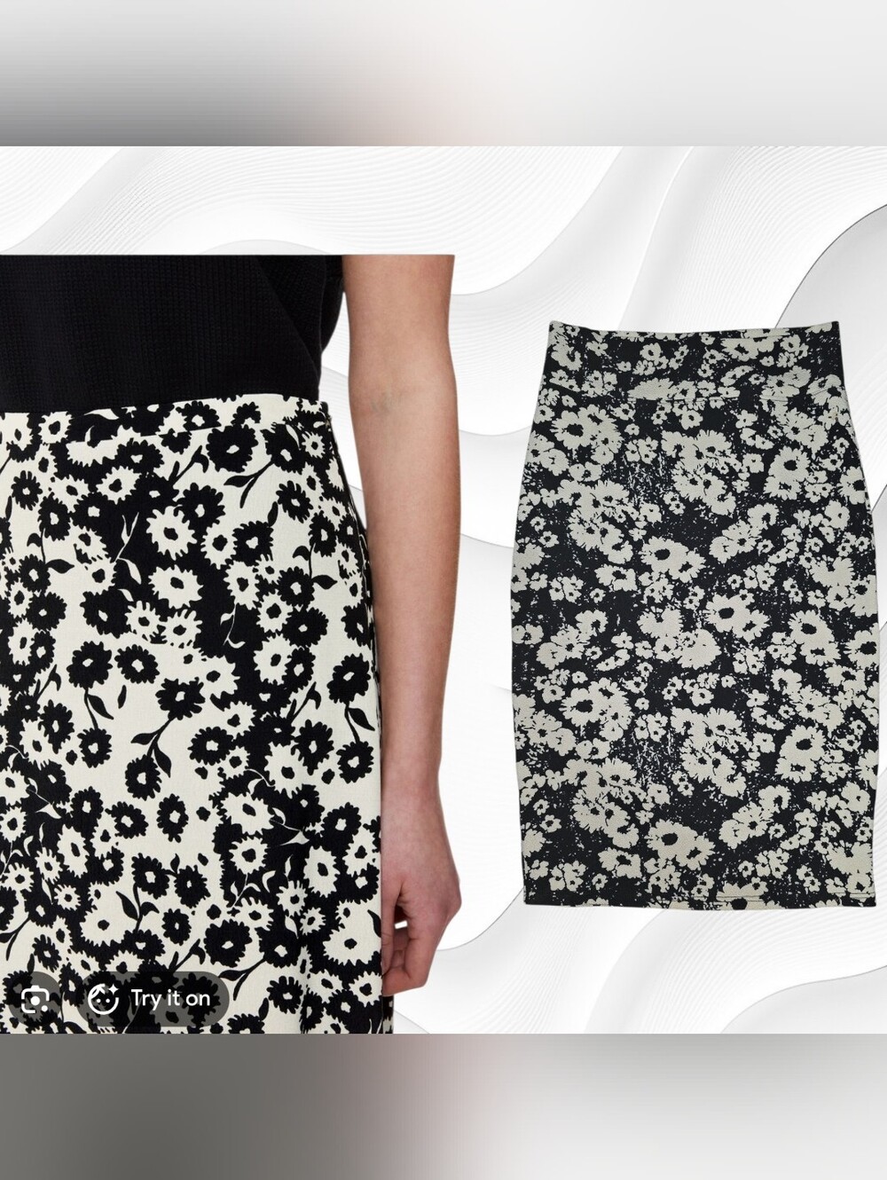 Monochrome Floral Pencil Skirt - Black & White
